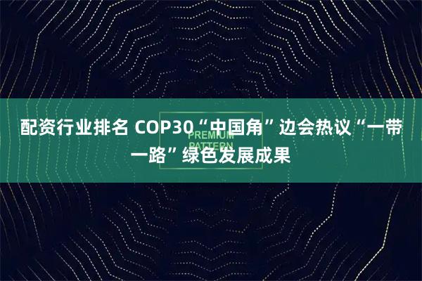 配资行业排名 COP30“中国角”边会热议“一带一路”绿色发展成果